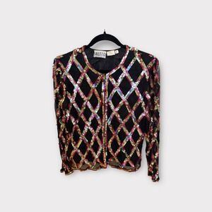 Vintage Sweelo Sequin Jacket Multicolor‎ Diamond Pattern Party Top S